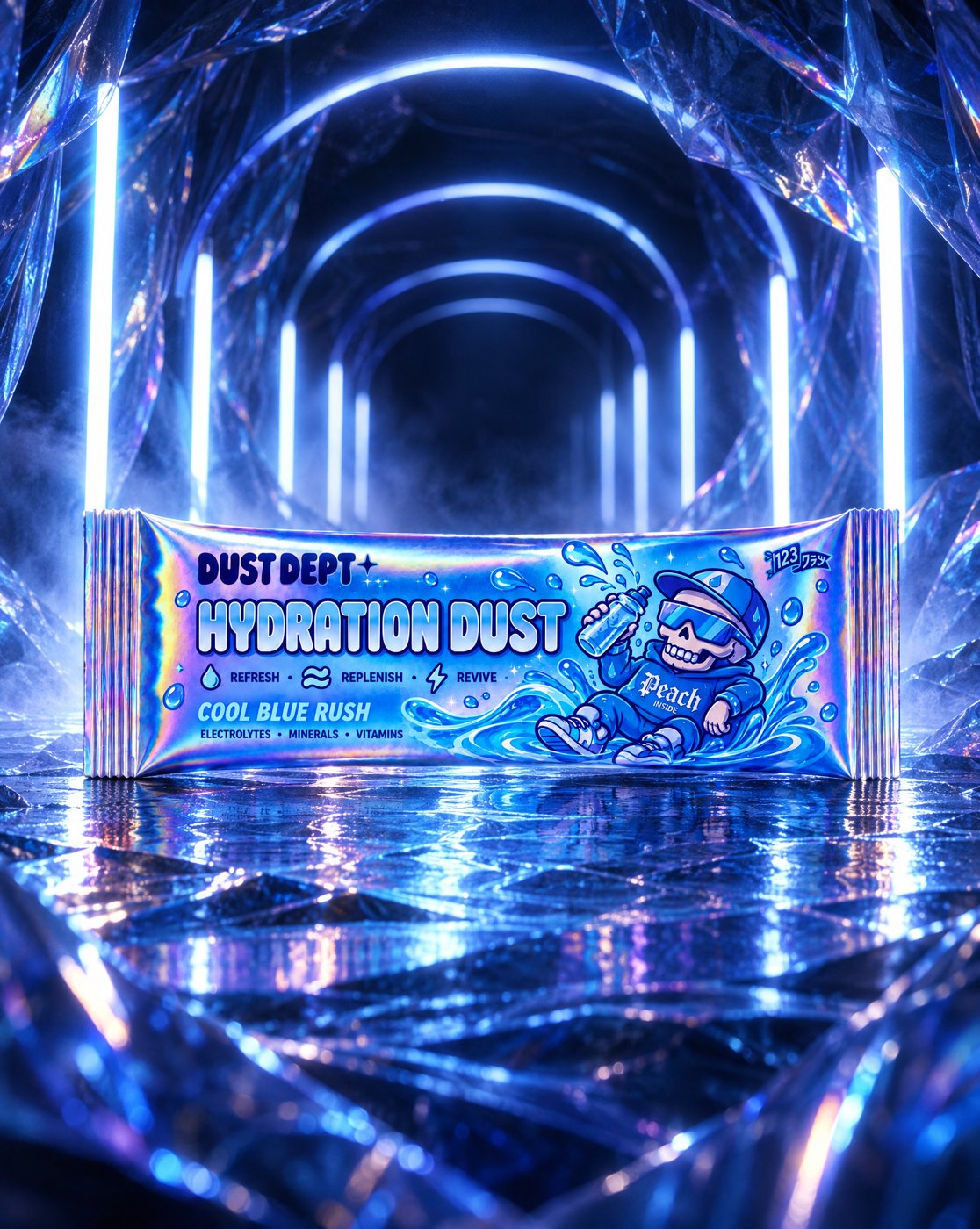 Hydration Dust stick pack in a neon tunnel
