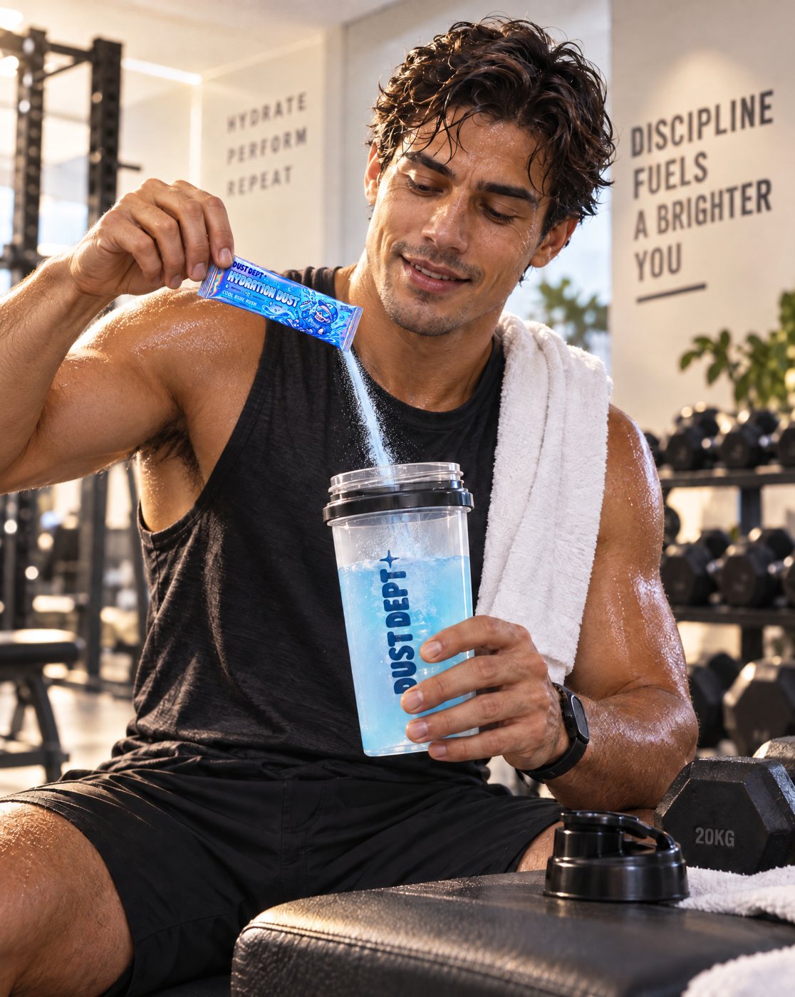 Athlete pouring a Hydration Dust stick into a DUST depot shaker at the gym