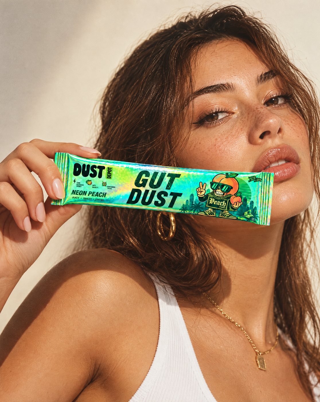Model holding a Gut Dust stick pack in Neon Peach